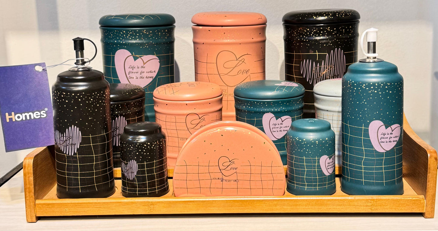 طقم توابل بورسلين 13 قطعة مع غطاء سيليكون وحامل خشب مقاوم للماء