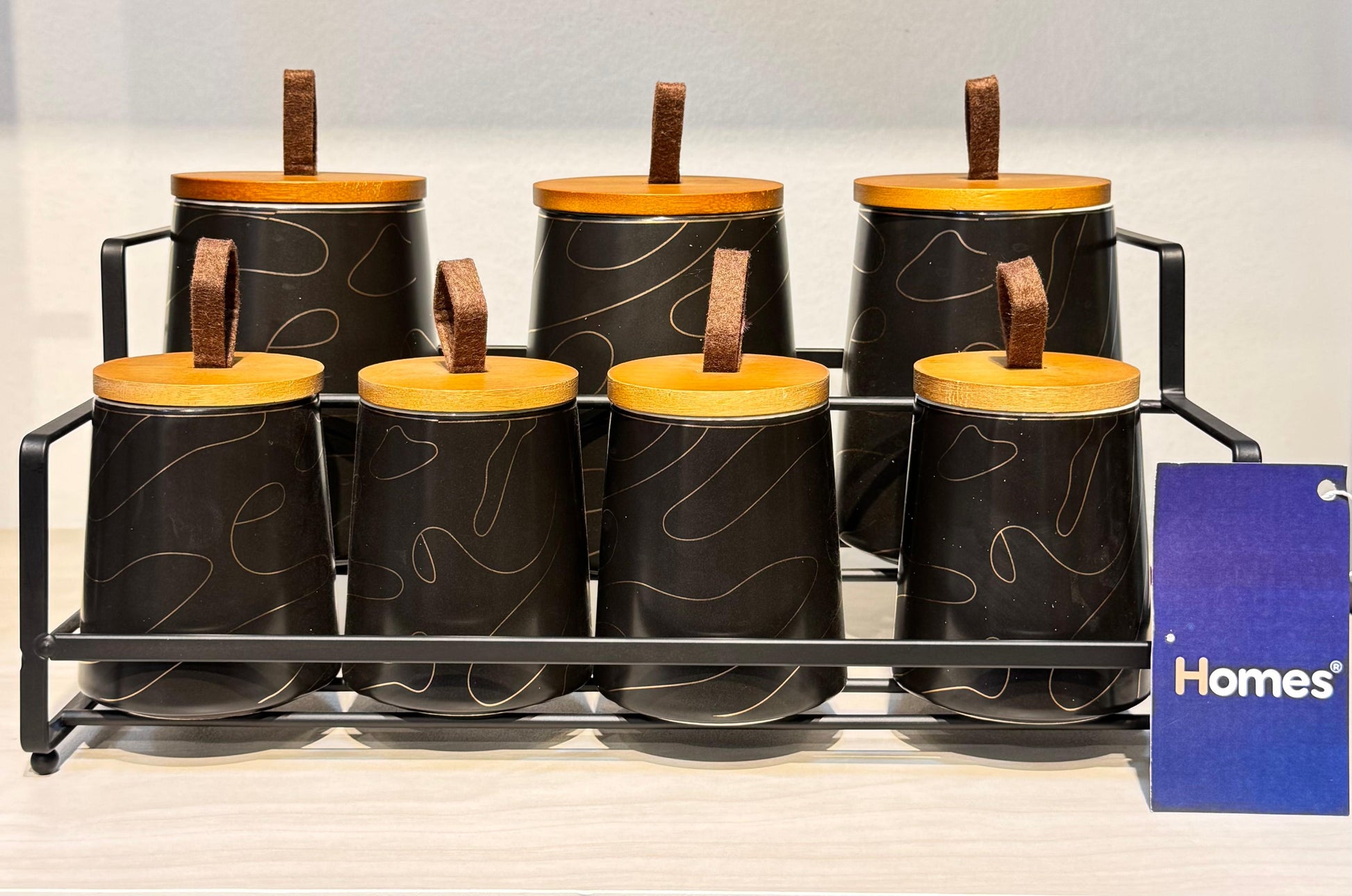 طقم توابل بورسلين مع غطاء خشب وحامل ستيل 8 قطع