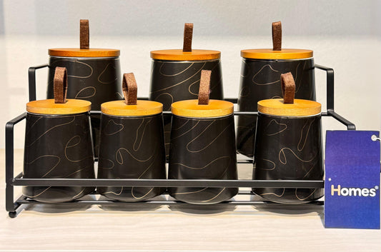 طقم توابل بورسلين مع غطاء خشب وحامل ستيل 8 قطع