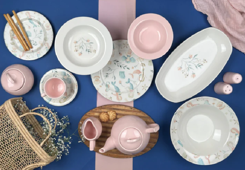 طقم عشاء بورسر تركي 45 قطعة بتصميم رخام بونساي وردي فاخر