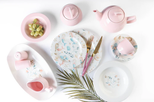 طقم عشاء بورسر تركي 45 قطعة بتصميم رخام بونساي وردي فاخر