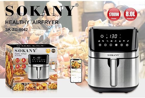 قلاية هوائية سوكاني رقمية 8 لتر 1700 وات بتحكم عبر البلوتوث – سوداء بلمسات فضية