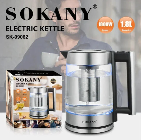 غلاية زجاج سوكاني SK-09062 سعة 1.8 لتر بقدرة 1800 وات مع مصفاة وإضاءة LED