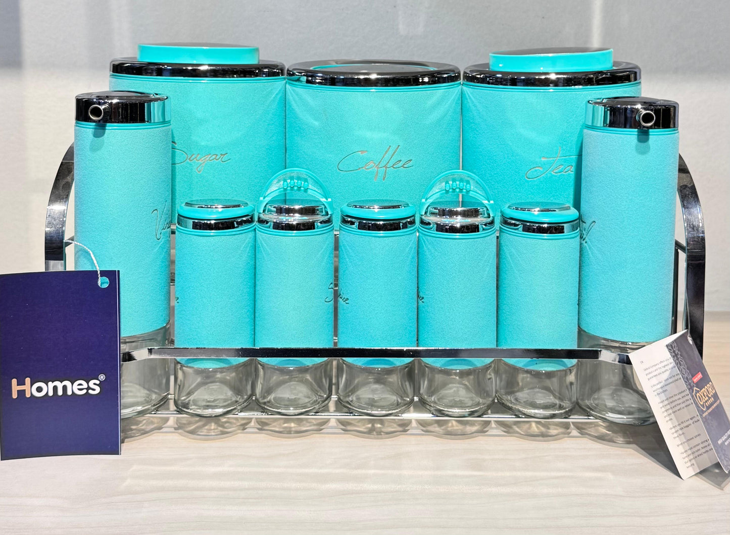 طقم توابل زجاج محاط بقماش قطيفة فاخر مع حامل ستيل فضي – 11 قطعة للمطبخ