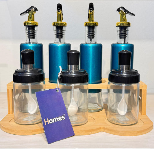 طقم توابل وزيت زجاج مع حامل خشب مقاوم للماء – 8 قطع للمطبخ العصري