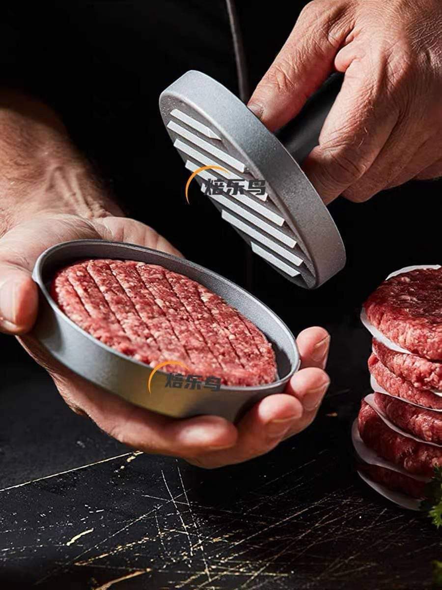 مكبس برجر دائري استانلس ستيل مقاس كبير بيد خشبية – أداة تشكيل البرجر