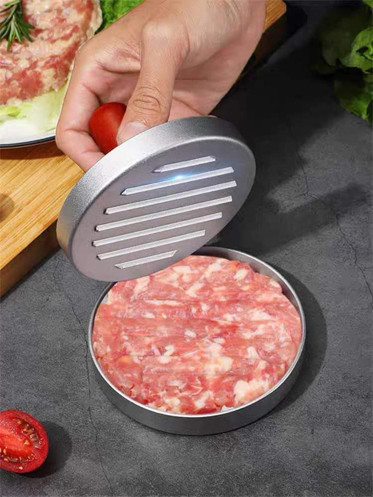 مكبس برجر دائري استانلس ستيل مقاس كبير بيد خشبية – أداة تشكيل البرجر