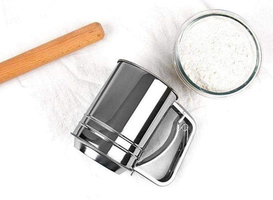 منخل دورق استيل كبير لغربلة الدقيق بشبك مزدوج ويد تشغيل