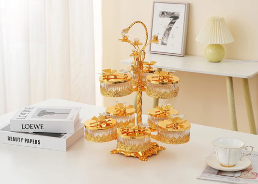 طقم تسالي سيلفر دورين 8 عيون بحامل يد جولد فخم للضيافة