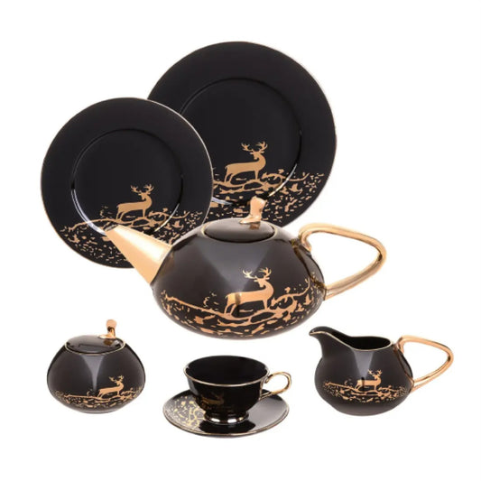 طقم شاي و جاتوه لوتس بورسلين مودرن مذهّب متعدد الألوان مكون من 24 قطعة