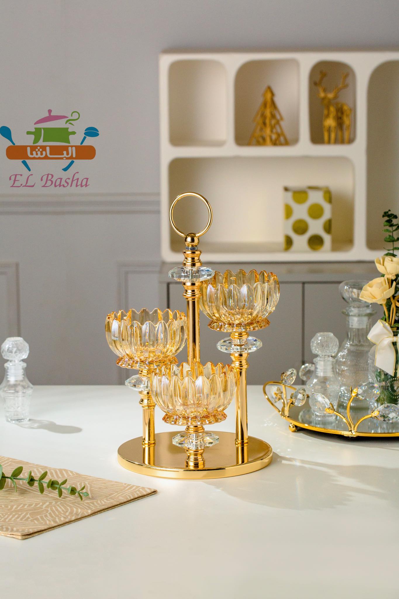 شمعدان ثلاثي جلاس كوبر الباشا كريستال زجاج مستورد فاخر