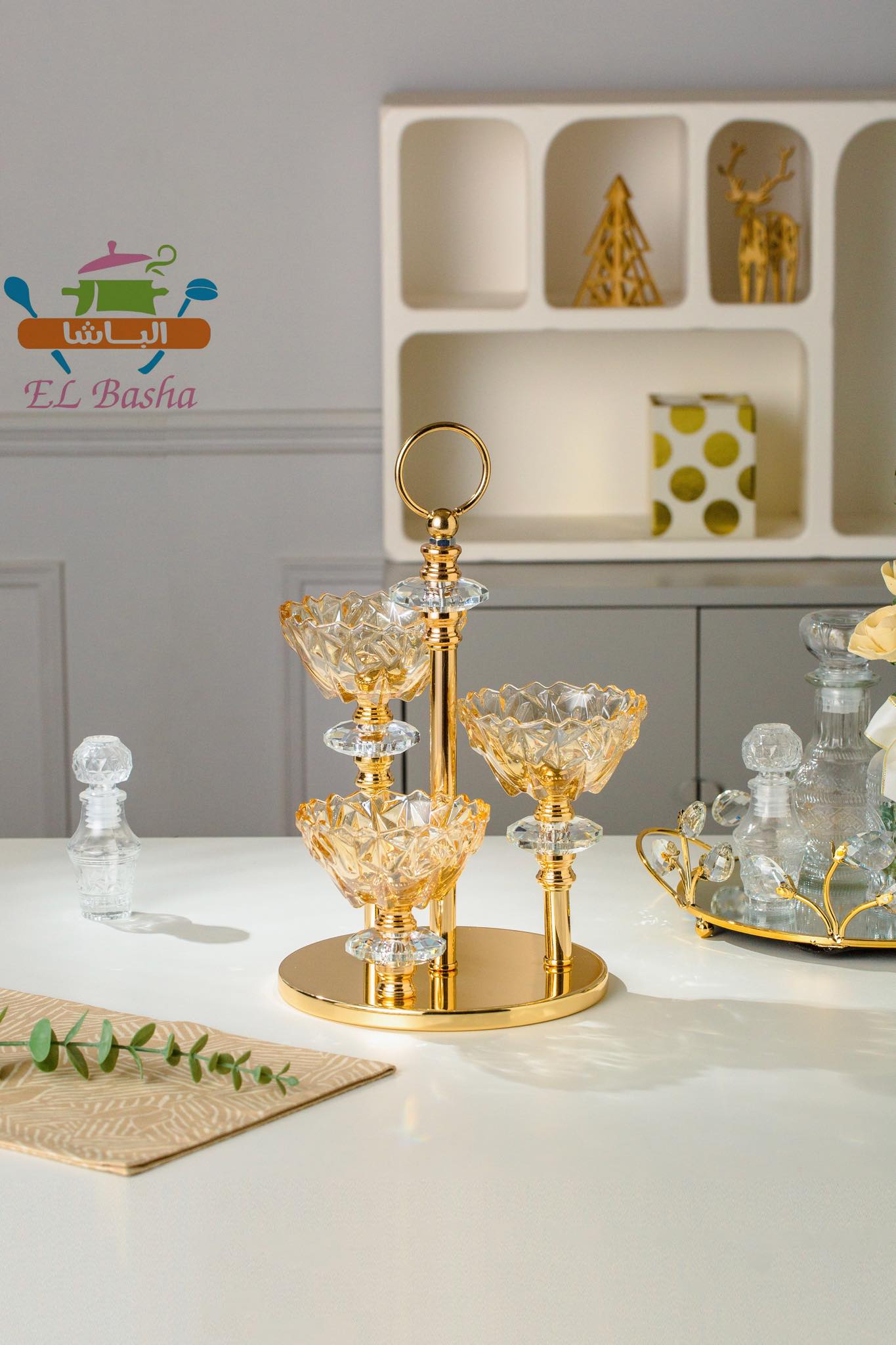 شمعدان ثلاثي جلاس كوبر الباشا كريستال زجاج مستورد فاخر