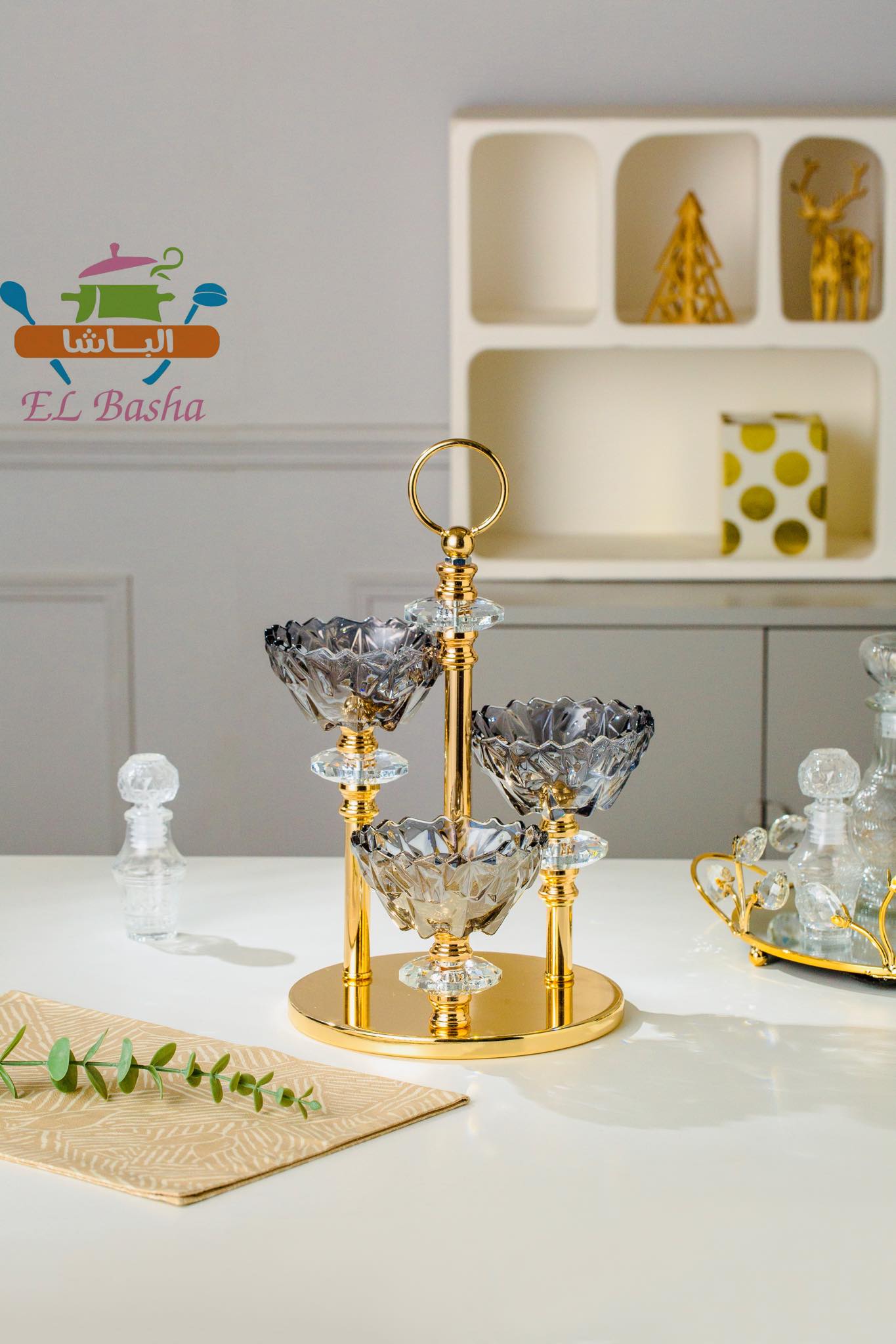 شمعدان ثلاثي جلاس كوبر الباشا كريستال زجاج مستورد فاخر