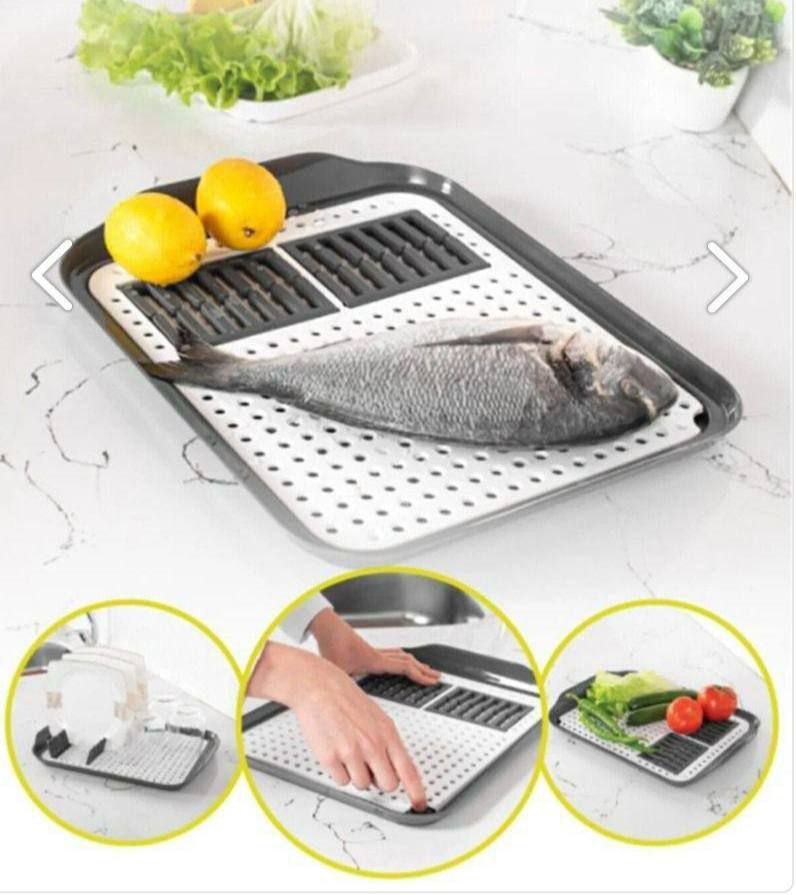 مصفاة أطباق تركية 3×1 بتصميم ذكي تشمل لوح تقطيع وسلة تصريف وصينية مياه مدمجة