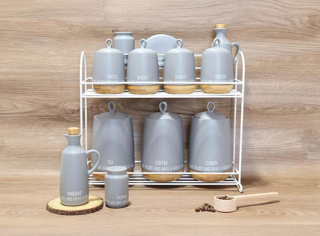 طقم توابل تركي 13 قطعة رصاصي مع استاند أبيض وعبوات للشاي والقهوة والسكر والزيت والخل