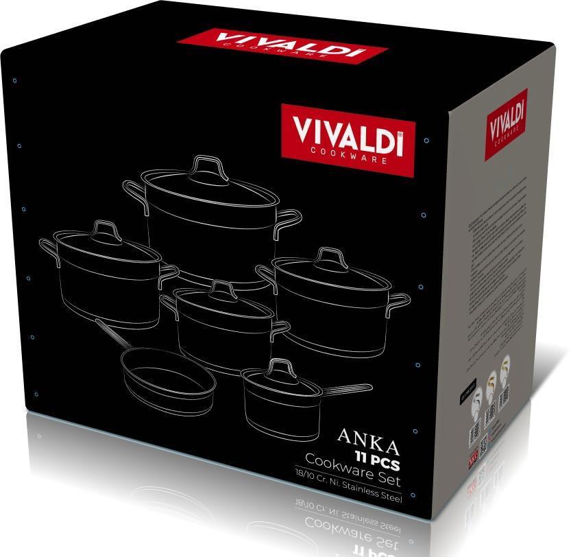 طقم حلل استانلس فيفالدي 11 قطعة VIVALDI ANKA لامع مع أغطية استانلس حراري