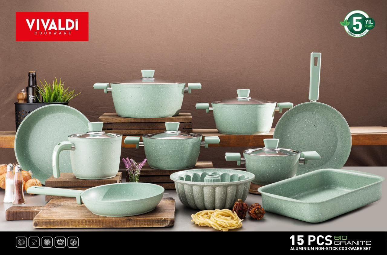 طقم حلل جرانيت فيفالدي 15 قطعة مع أغطية استانلس وألوان عصرية للمطبخ