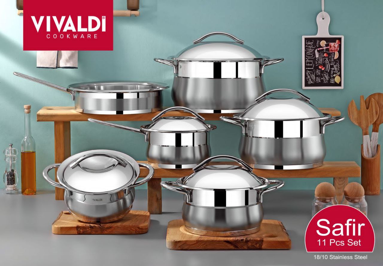طقم حلل استانلس فيفالدي سفير 11 قطعة بجودة 18/10 وأغطية استانلس حرارية