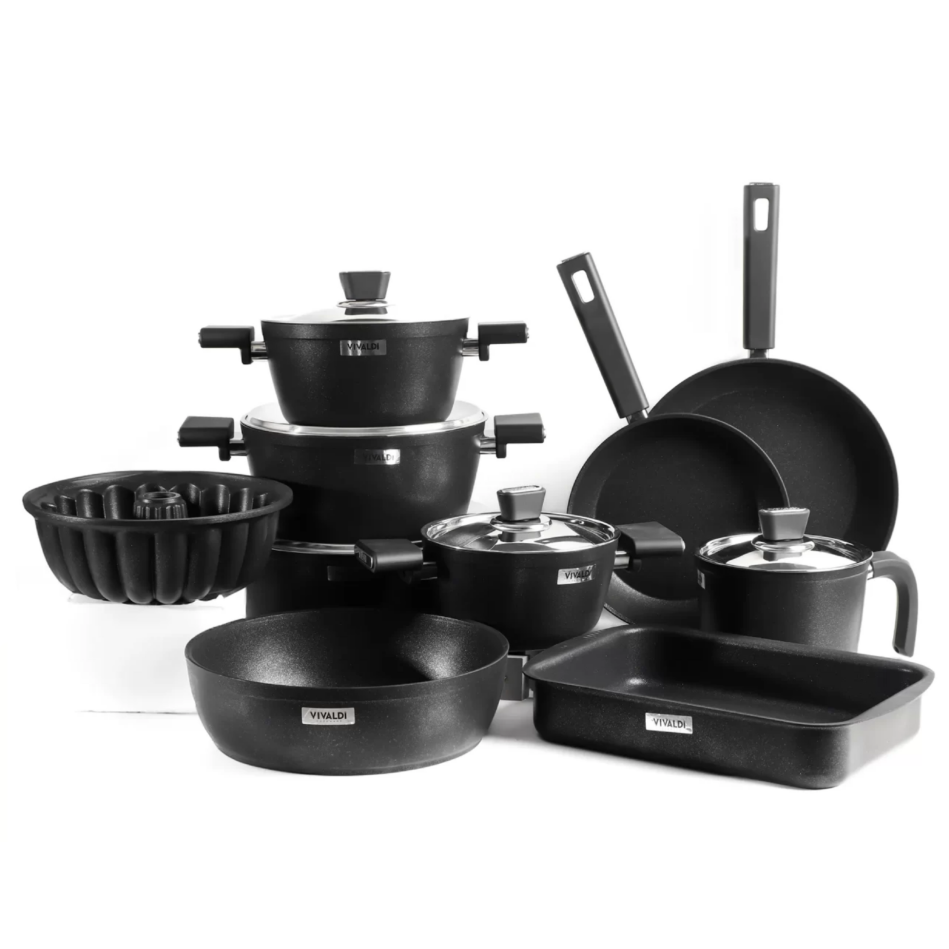 طقم حلل تيتانيوم فيفالدي 15 قطعة باللون الأسود مصنوع من التيتانيوم غير اللاصق بتصميم فاخر ومتانة عالية